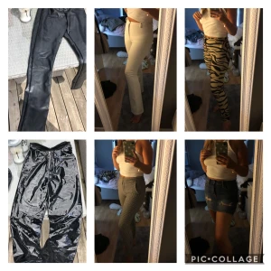 Byxor och en jeanskjol  (ALLT FÖR 300kr) - Byxor 1- raka skinnbyxor från märket ”dry lake” byxor 2- vita kostymbyxor med Botvid från bikbok byxor 3- zebra mönstrade byxor från Gina trixig byxor 4- lackbyxor från nelly byxor 5- rutiga byxor från zara &  jeanskjol ifrån crocket. styckpris-70 all-300