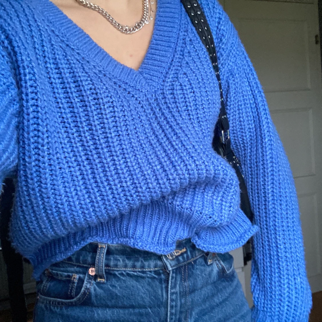 Blå stickat tröja  - 90
