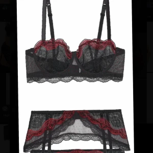 Svart röda suspenders och balconette bh från intimissimi - Säljer suspenders plus en ovaderad balconette bh från intimissimi. Jättefina på och sjukt fint set💗 pris kan sänkas vid snabb affär 