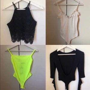 Toppar - Svart ”spets” topp från bikbok- XS, vit body från Nelly- S, neongul body från boohoo- UK10/EU38 (väldigt liten i storleken, som en XS), svart body från Rebecca Stella med cut outs och öppen rygg- S. 30kr/styck eller alla för 100 då jag vill bli av med allt snabbt. Köparen står för frakt/ kan hämtas i Upplands Väsby. Den gula är såld