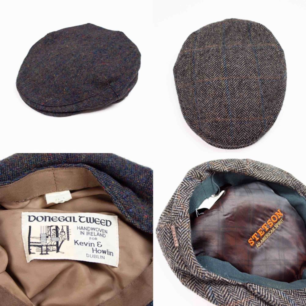 Set of two unisex vintage tweed flat caps 1. Donegal tweed, handwoven in Ireland for Kevin & Howlin, Dublin. Label: 59 2. Stetson, Label: 57 M Free shipping! Price is final! Read the full description at our website majorunit.com No returns  . Accessoarer.