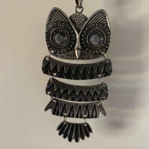  - Jättefint halsband. Det går att byta mellan kedjorna med lite pillande alt. ta bort den ena permanent. Det är ca 55 cm långt, justerbart. ugglan 10cm. Frakt tillkommer eller mötas i Gbg.