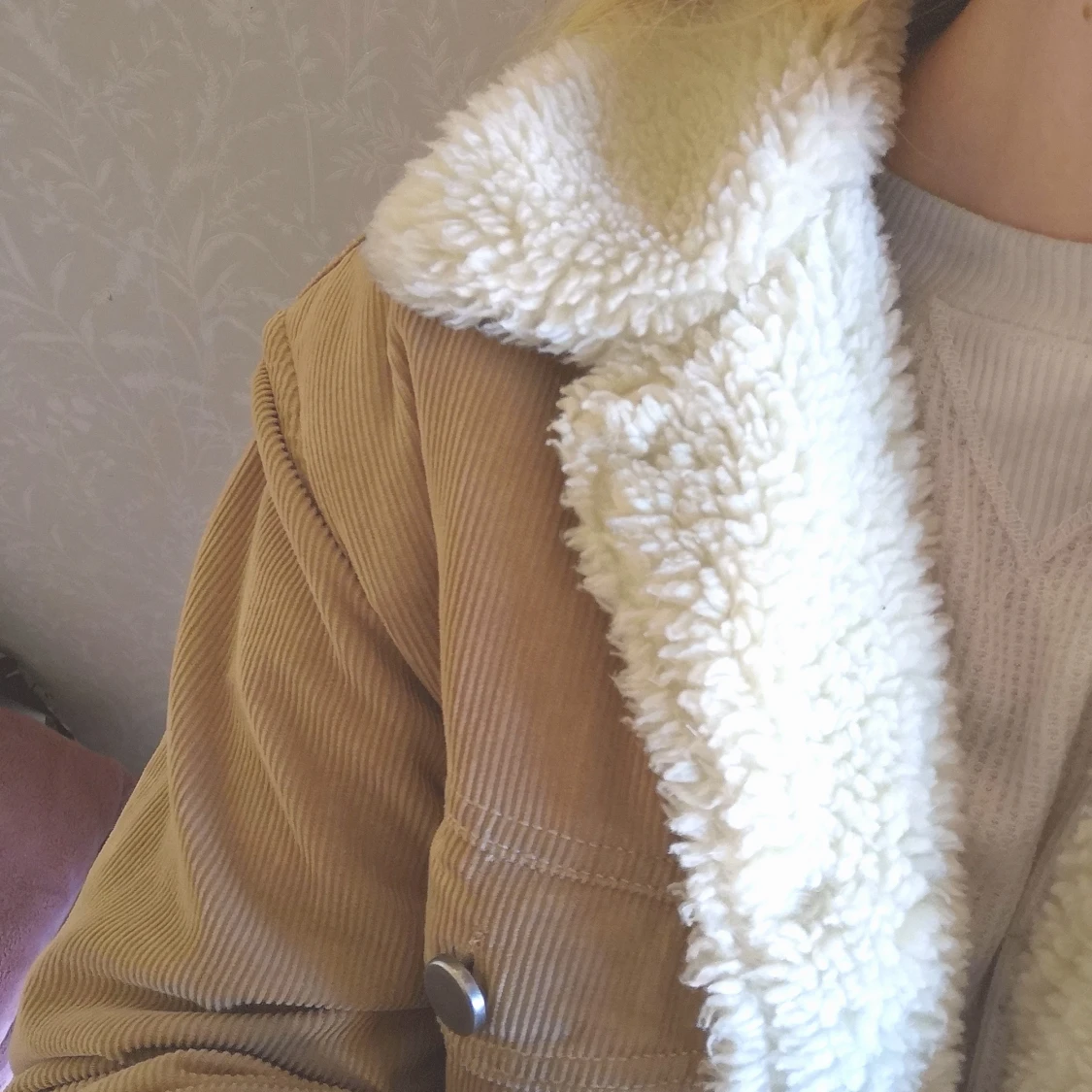 Beige Manchester Jacka med Teddykrage - 91