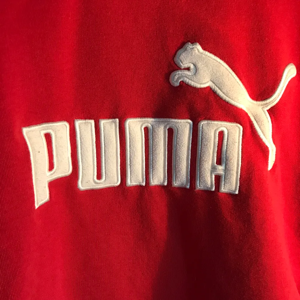 Upcycled puma sweater in red. Previously size L, resewn to size S/M. . Hoodies.