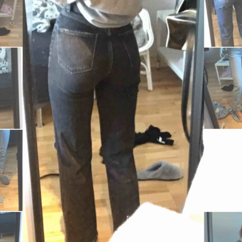Gråsvarta byxor som jag klippt hål i+sprätt upp där nere för att de skulle bli längre, passar mig som är 171cm rak modell. Jeans & Byxor.