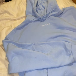 Babyblå hoodie - Babyblå hoodie med vitt motiv därfram ”Hey Bae”. Lätt oversized fit. Köpt för ett år sedan, använd ca. 5 gånger. (Nypris: 249kr)