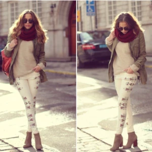  - Vita/ljus-beiga jeans i storlek M från Bik bok. Men tycker dom är aningen små i storleken så dom kan säkert passa en storlek S också. Mycket ombloggade med aztecmönster på sidorna av benen. I skönt jeansmaterial med lite stretch i. I gott skick förutom ett litet hål på baksidan av låret, se sista bilden! Det går säkert lätt att sy ihop om en är lite händig :). 