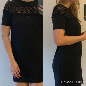 Svart klänning med spetsdetaljer - En svart ganska kort klänning (är 170cm) med spetsdetaljer fram och på armarna!                      Väldigt skön men kommer ej till användning! (Köparen betalar frakt som tillkommer!🍒)