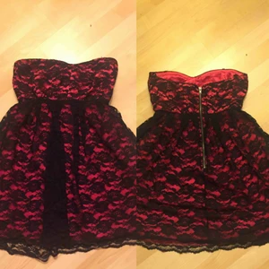  - Rosa klänning med svart spets, Använd 1 gång!