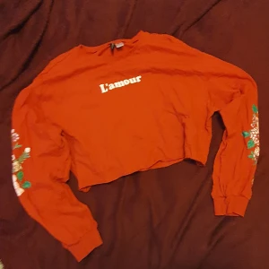 Croppad tröja strl L - Röd croppad tröfa från H&M, med texten "L'amour" och blommor längst armarna💋 sparsamt använd då den inte är min stil🙊🌺