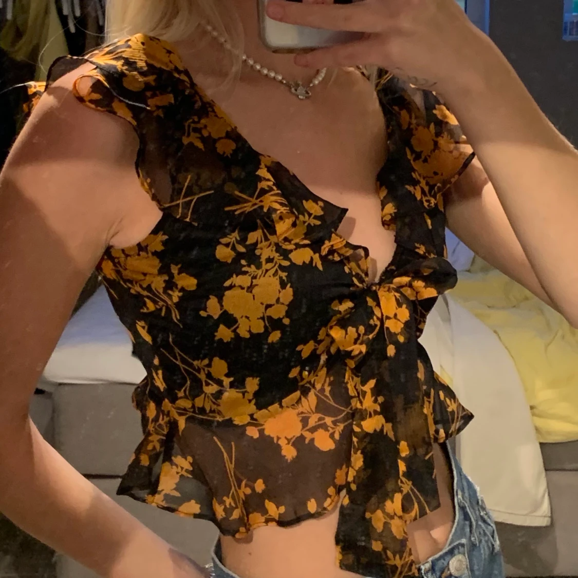 Svart orange knytblus - 90