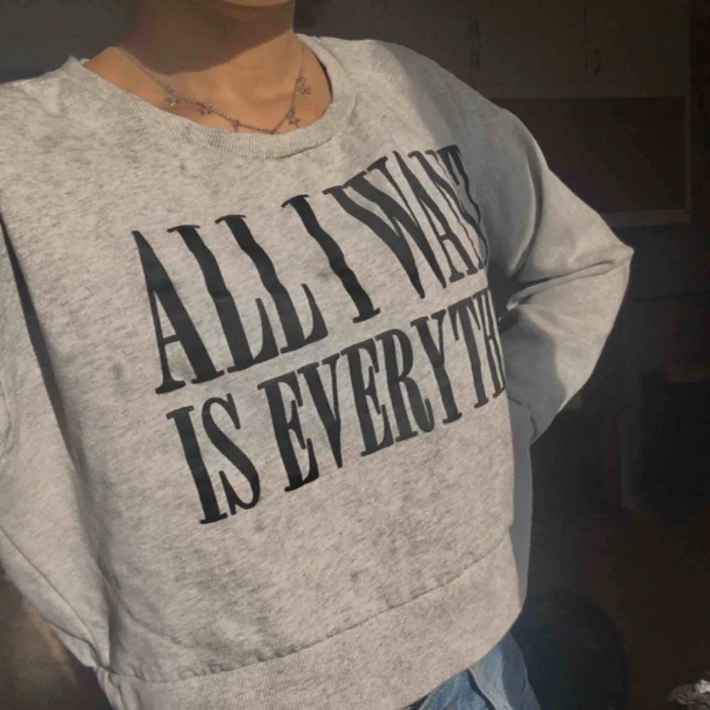 En grå kroppad sweatshirt från MONKI i storlek L. Fint skick! Kan mötas upp i uppsala annars tillkommer frakt💓 ”All I want is everything”. Hoodies.