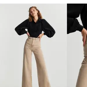 Beige wide leg jeans från Gina tricot, helt oanvända. Säljes då de är för små för mig tyvärr då modellen verkligen e jätte snygga vintage liknande. Nypris 499kr 
