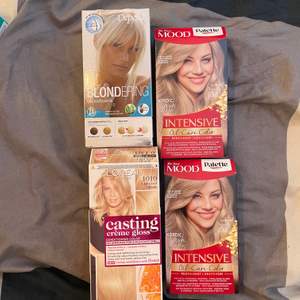 Säljer nu dessa förpackningar med ting för att underhålla blont hår då jag färgat mitt svart. Skickar med ett par handskar då originalparet från blekningen är borta. 🥳 50kr för alla tillsammans.