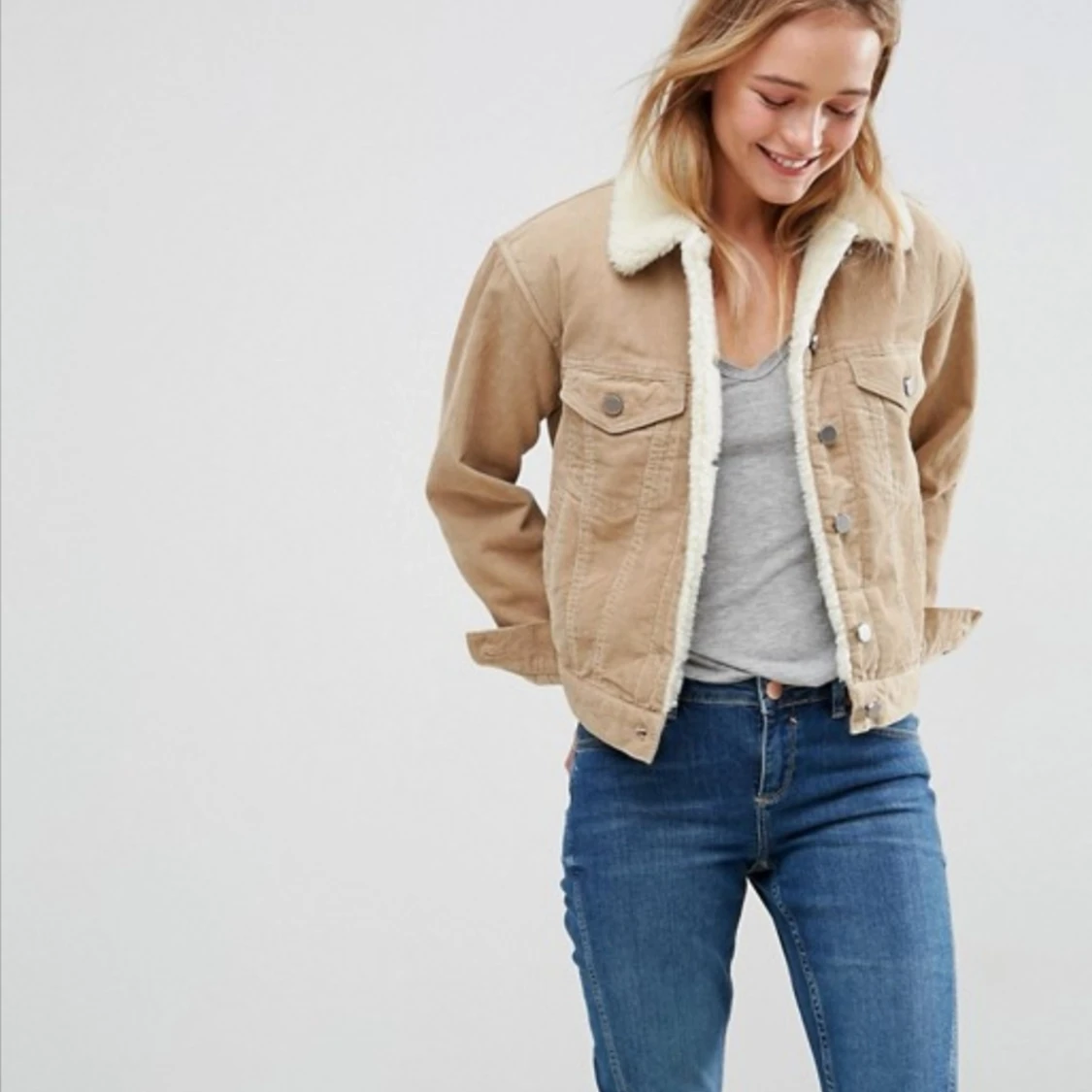 Beige Manchester Jacka med Teddykrage - 90