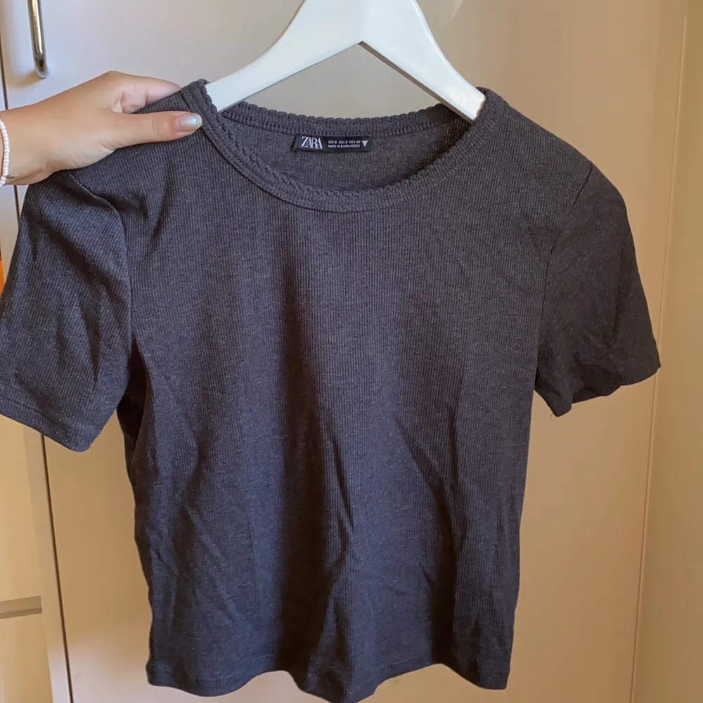 Säljer denna t-shirt från Zara i storlek S! Andvänd en gång, så väldigt bra skick✨ Lite detaljer på halsen, som syns på bild 2! Säljs för 60kr+22kr i frakt😊. T-shirts.