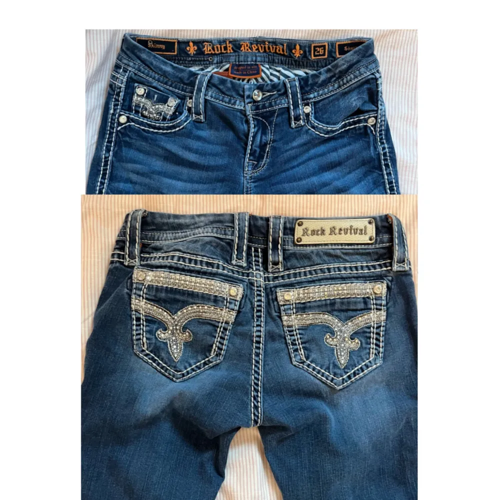 Snygga rock revival jeans. Jeansen är ärvda och har midjemått 38cm (tvärs över) och innerbenslängd 79cm. 💛Sitter bra på mig som har s vanligen.. Jeans & Byxor.