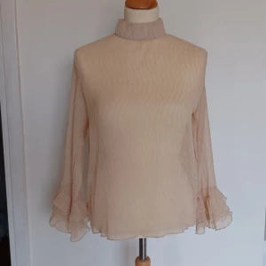 Mock neck mesh top - Crepe topp i beige/ljusbrun med mock neck polokrage, frill sleeves scallop edge. Superfin som den är eller under en annan topp eller t-shirt. Toppskick 