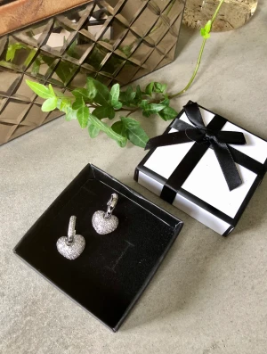 Silverörhängen med kristaller  - Silverpläterade hjärtformade örhängen med kristaller. Ca 2,5 x 2 cm stora. Hjärtat kan även plockas av, ifall man bara önskar använda ringen vid vissa tillfällen. Självklart allergifria. Nyskick.   Asken hör egentligen inte till, men kan ingå om så önskas