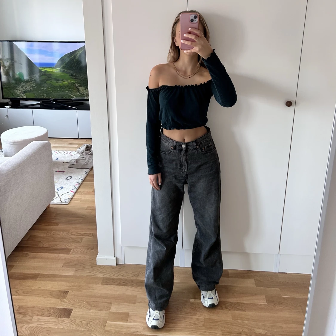 mörkgrön offshoulder-tröja - 91