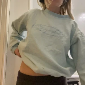 Champion sweatshirt - Suuuperfin ljusblå sweatshirt från champion. Har en sån snodd där nere så man kan croppa den så mycket man vill. Har tyvärr en liten fläck, kan skicka bättre bild om någon är intresserad, men det är inget jag iallafall tänkt på! I storlek XL men mer m-L