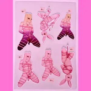 Unique and cute  stickers of bunnies in ropes🍓 All designed and made by us🪦  Message us wich sticker you want and then leave a price proposal that matches that sticker!  Meddela oss vilken sticker du vill köpa och lämna sedan ett prisförslag som stämmer🪦🍓