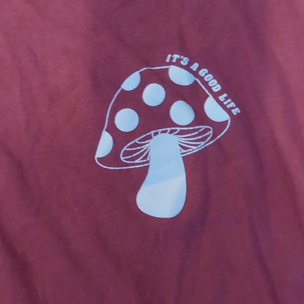 En röd hm tröja med svamp på ! Skrynklig då den inte kommit till andvändning men har inga stora defekter! . T-shirts.