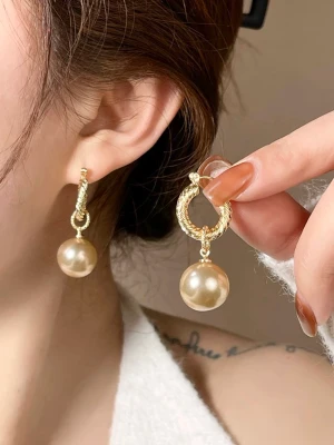 Pearl Pendant Gold Hoop Earrings  - * used as new * gold plated  * synthetic pears 