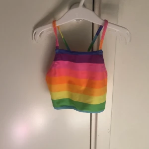 Regnbågig bikini - Detta är en regnbåging bikini där över delen är lite längre en vanliga bikinis. På baksidan av överdelen går det en kors över ryggen. Den är använd ca 1/2 gånger