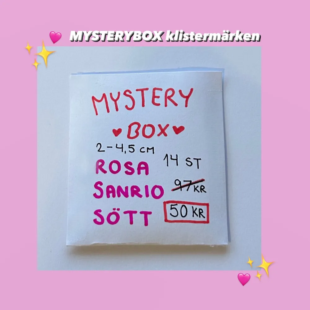 MYSTERYBOX 🩷🌸14 stycken klistermärken i det gamla materialet i tema rosa, sanrio & sött!  2-4,5 cm stora Pris: 50 kronor 🌟Värde: 97 kr Frakt: 18 kronor (frimärke). Accessoarer.