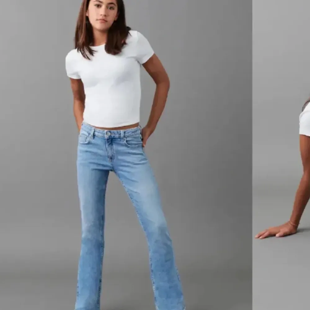 Säljer dessa populära bootcut jeans från Gina❤️ säljer lite billigare för att de har ett litet håll på ena knät❤️ skriv t mej för fler bilder . Jeans & Byxor.