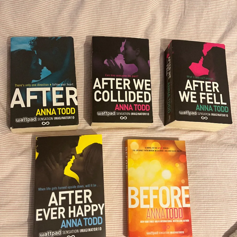 Säljer nu alla böcker i serien After av Anna Todd på originalspråket engelska. Alla böcker är lästa men fyran och femman är i väldigt fint skick. De första tre är lite mer slitna mer inget som påverkar läsningen. Kan frakta eller mötas upp i Skåne.. Böcker.