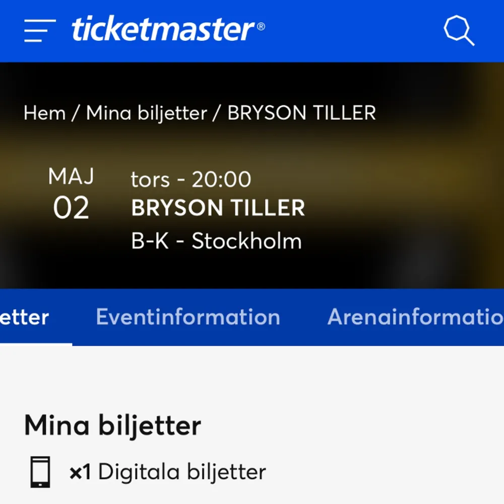 Säljer 1 biljetten till bryson tiller i Stockholm.. Accessoarer.