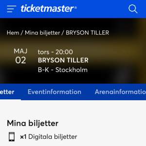 Säljer 1 biljetten till bryson tiller i Stockholm.