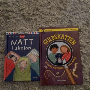 2 tunna böcker - Natt i skolan och Guldskatten  Har cirka 3 till 5 meningar per sida . Det är 2 tunna böcker för lite mindre barn. Använda cirka 1 gång. Det kostar 20 kr styck . Vid intresse,hör av dig 👍tar Swish  