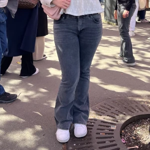 Low waist bootcut jeans (Gina Tricot) - Säljer mina gråa jeans från Gina pga inte min stil! Dessa är strl 42 men sitter som strl 40 (min vanliga strl)! Har använts 4ggr! Ganska långa (är 166cm) så de har fått viss missfärgning vid fötterna. Annars väldigt bra skick🤗 Originalpris: 499kr