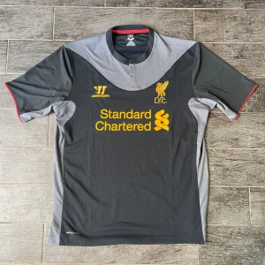Svart och grå Liverpool FC fotbollströja från Warrior - En svart och grå fotbollströja från Warrior med Liverpool FC:s emblem och sponsorlogotypen 'Standard Chartered' i gult på framsidan. Tröjan har korta ärmar med röda detaljer och en rund halsringning.