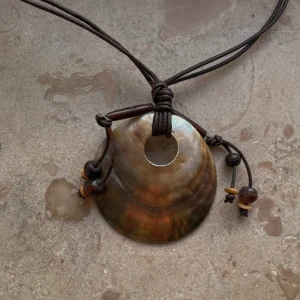 Vintage Shell Necklace - Vintage Statement Necklace with a Brown Leather Necklace and Tonal Statement Shell  Clasp Closure  Made in Chile  Very Good Condition.