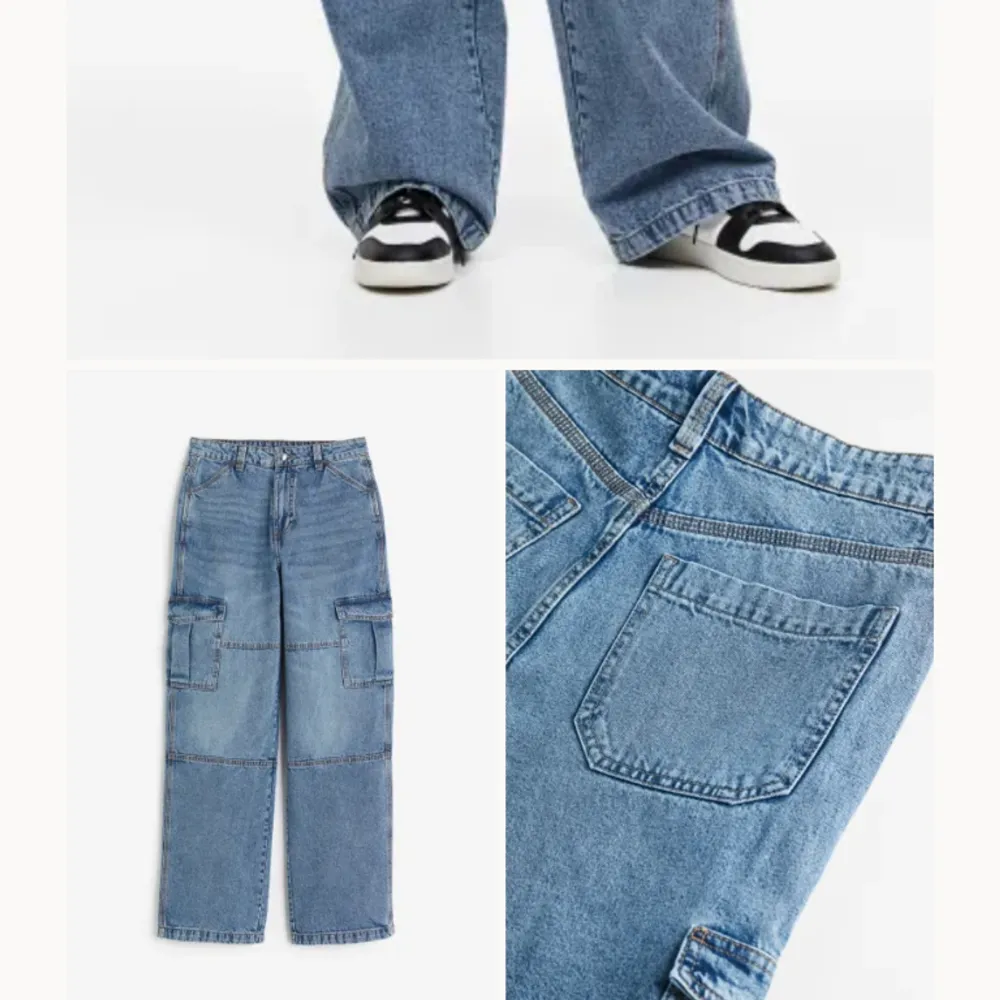 Jättesnygga cargo-jeans, wideleg och har många fickor. Perfekt för streetstyle och våren. Nypris är 300 men säljer för halva priset❤. Jeans & Byxor.