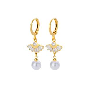 Material: Stainless Steel. Elegance is redefined with these Petal Pearl Earrings, featuring a radiant zirconia petal design atop gold-plated hoops, finished with a pristine natural pearl. 
