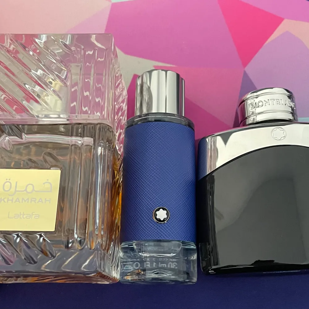 Jpg le beau EDP, jpg le Male edt, afnan 9pm, lattafa khamrah, mont blanc ultra blue, mont blanc legend edt, stronger With you edt, vearsace Eros flame valentino coral fantasy. Accessoarer.