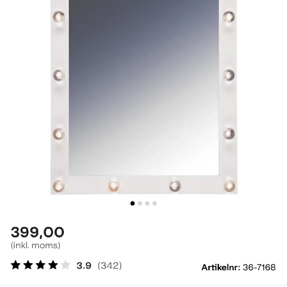 Säljer min spegel från Clas Ohlson. Man måste kunna hämta den. Nypris 399 kr och säljer för 100 kr. Övrigt.