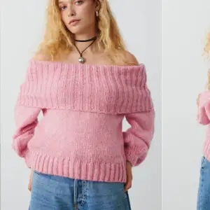 Stickad off shoulder tröja från Gina tricot i jättefin rosa färg🩷✨ slutsåld överallt och jätteefterfrågad 💘 köp gärna via ”köp nu” och tveka inte på att höra av er🦋använd 2 gånger!!