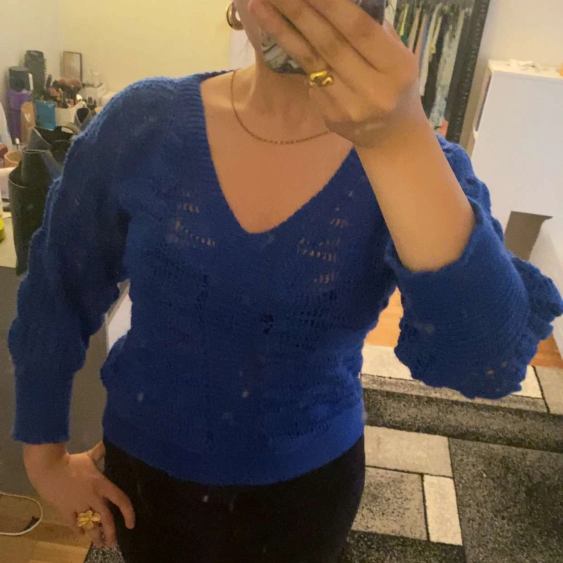 Stickad blå tröja  - 90