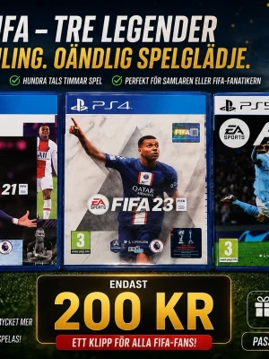 FIFA-spel till PS4 och PS5 - Säljer tre FIFA-spel till PlayStation: FIFA 21 och FIFA 23 till PS4 samt FIFA 24 till PS5. Omslagen har sportiga motiv med fotbollsspelare i matchställ. Perfekt för dig som älskar fotbollsspel och vill utmana vänner eller samla på klassiska sportspel. 3 FIFA för 200!