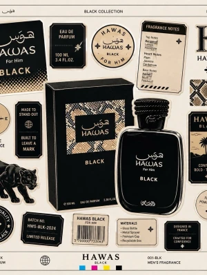 Hawas Black Eau de Parfum 100 ml - Hawas Black Eau de Parfum för honom kommer i en elegant svart glasflaska med detaljer i guld och ett mönstrat inslag på förpackningen. Doften har noter av bergamott, apelsinblomma, patchouli och sandelträ. Flaskan rymmer 100 ml och levereras i en lyxig, återvinningsbar box.