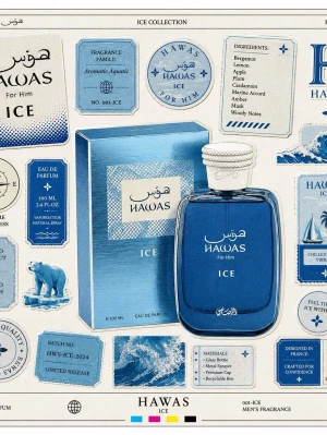 Hawas Ice Eau de Parfum 100 ml - Hawas Ice For Him är en parfym med fräsch och aromatisk doft. Flaskan är djupblå med vit kork och levereras i en matchande blå kartong. Doften har inslag av bergamott, citron, äpple, kardemumma, marina noter, ambra och mysk. Perfekt för dig som gillar fräscha och maskulina dofter.