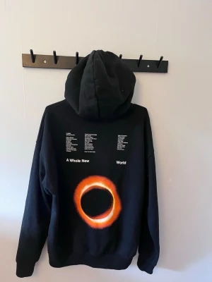 Svart hoodie med tryck och huva - Säljer en svart hoodie med stor huva med coolt tryck på ryggen. Hoodien har dragsnören och är gjord i mjukt material.
