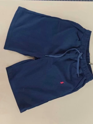 Marinblå shorts från Polo Ralph Lauren - Säljer ett par marinblå shorts från Polo Ralph Lauren med snörning i midjan och den klassiska röda loggan broderad på benet. Sköna och stilrena, perfekta för sommaren. Tillverkade i mjuk bomull för maximal komfort.