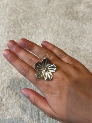 Stor silverfärgad blomring - Jag säljer en stor silvrig blomm ring från Edblad, jag kan tyvärr inte storleken men mitt ringen är 6cm i omkrets. Det finns nästan inga repor eller någon förutom väldigt små/lite repor på baksidan, eftersom det inte är så välanvänd.